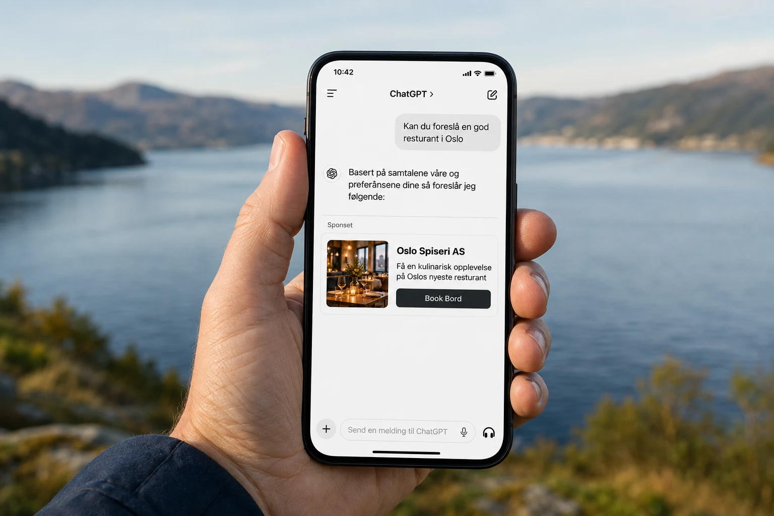 En hånd holder en telefon med et eksempel på en sponsoreret annonce i ChatGPT med norsk fjordlandskab i baggrunden.